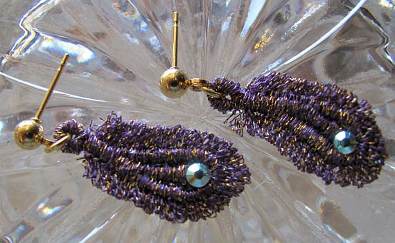 Anita Tiny purple and gold sparkle feather earrings made with SWAROVSKI ELEMENTS