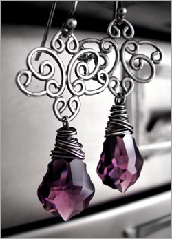 Swarovski crystal earrings baroque style in Amethyst wire wrapped
