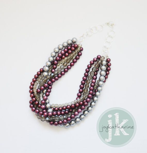Marsala pearl and crystal necklace with silver tones